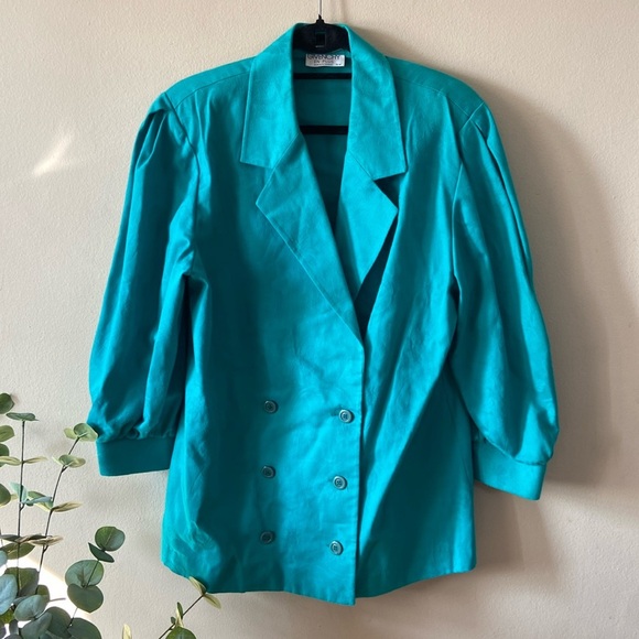 Vintage Givenchy En Plus Designer Blue Green Floral Blazer Plus 14W 80's 90s - Picture 2 of 7